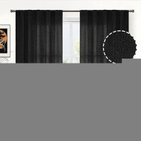 Youngstex Short Linen Curtains 45 Inches Long Black Textured Window Drapes Back Tab Rod Pocket Light Filtering For Halloween Kit