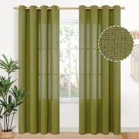 Youngstex Grass Green Linen Curtains 84 Inches Length For Living Room Bronze Grommet Textured Drapes Privacy Light Filtering For