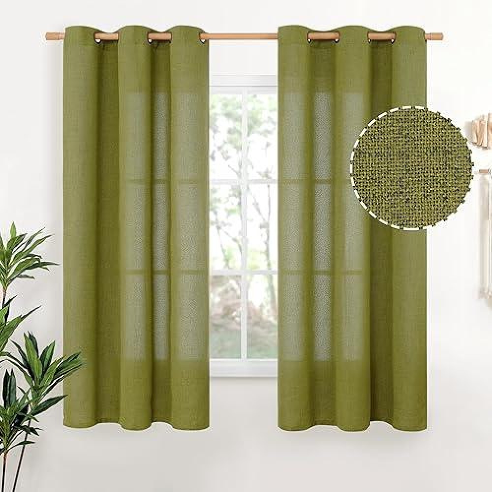 Youngstex Grass Green Linen Curtains 63 Inches Length For Bedroom Short Textured Window Drapes With Bronze Grommet Privacy Light