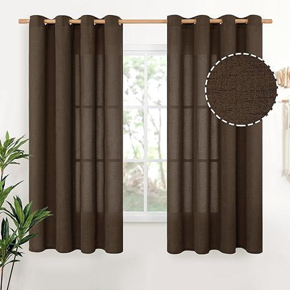 Youngstex Brown Linen Curtains 63 Inches Length Textured Short Window Drapes Light Filtering With Bronze Grommet Privacy For Liv