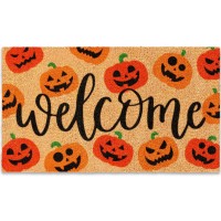 Jarthenaamcs Halloween Natural Coir Doormat Red Orange Evil Pumpkin Welcome Floor Mat Nonslip Entrance Door Rugs For Indoor Out