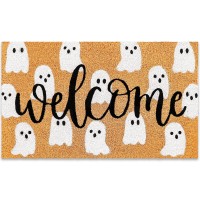 Jarthenaamcs Halloween Natural Coir Doormat Cute Ghost Welcome Floor Mat Nonslip Entrance Door Rugs For Indoor Outdoor Bathroom