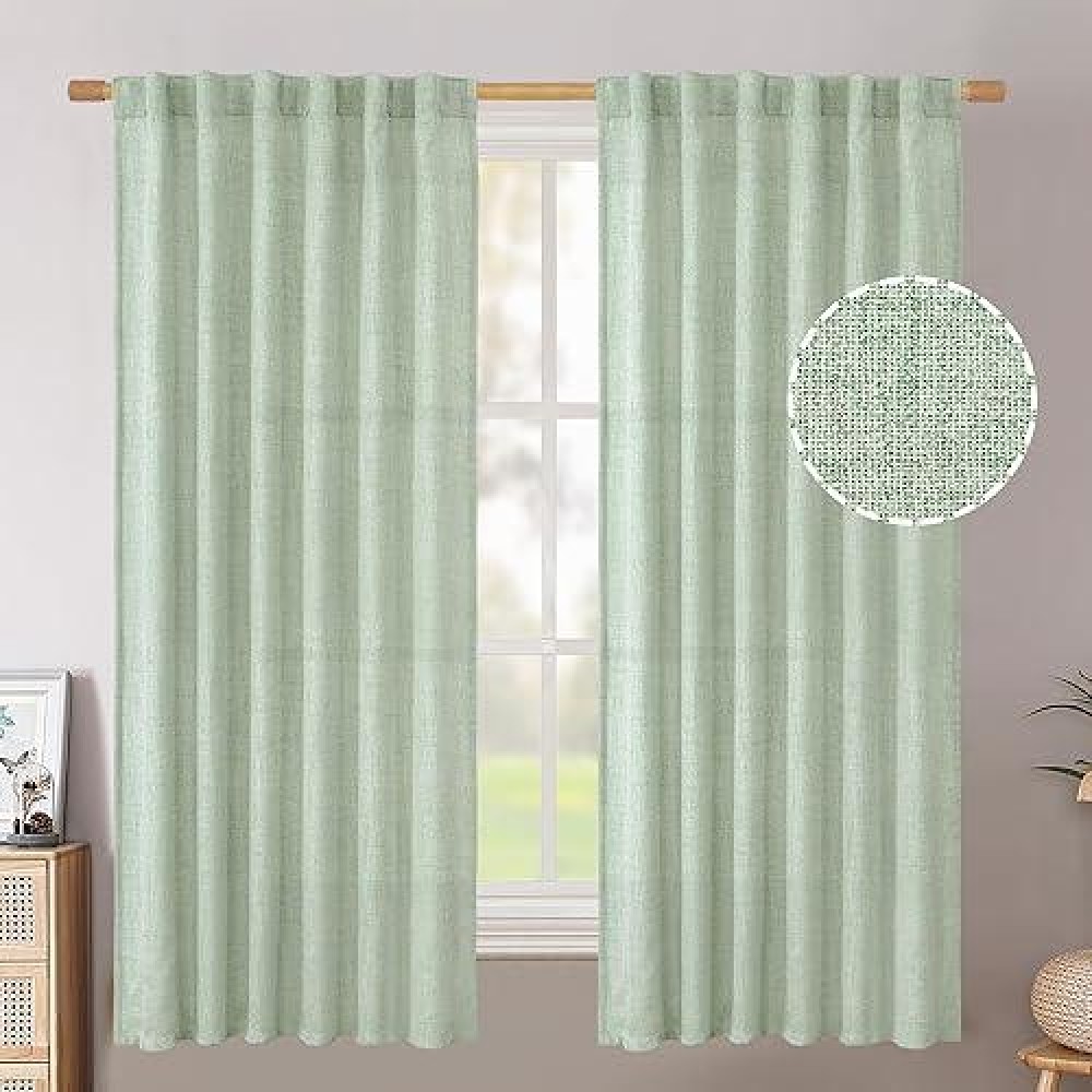 Bgment Linen Curtains 63 Inch Length For Window Rod Pocket Sage Textured Drapes Light Filtering Privacy For Short Living Room B