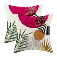 Boho Pillow Covers 18X18 Set Of 2 Abstract Hot Pink Green Gold Sunset Throw Pillow Cover Outdoor Mid Century Bohemian Style Trop