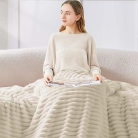 Bedelite Fleece Throw Blanket For Couch  300Gsm Soft & Warm Fluffy Twin Blanket  Decorative And Giftable Striped Beige Blankets For Women  Men  60