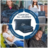 Bedelite Travel Blanket Airplane Compact With Bag  Portable And Packable Jacquard Travel Pillow And Blanket Set  Airplane Blanket Travel Essentials With Luggage Sleeve & Backpack Clip  Navy Blue