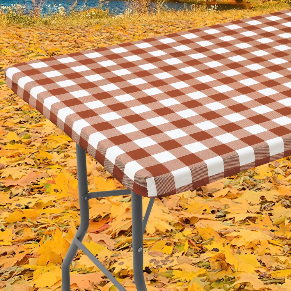 Smiry Rectangle Picnic Table Cloth Elastic Waterproof Fitted Vinyl Tablecloth For 8 Ft Tables Flannel Backed Buffalo Plaid Tab