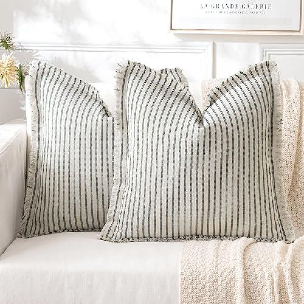 Miulee Pack Of 2 Christmas Dark Green Pillow Covers 26X26 Inch Striped Farmhouse Couch Throw Pillow Covers With Fringe Chic Linen Decorative Cushion Covers For Sofa Living Room Bed Home Decor