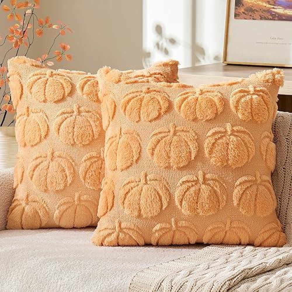 Miulee Fall Throw Pillow Covers 18 X 18 Decorative Pumpkin Pattern Pillow Covers Soft Plush Faux Wool Couch Pillow Covers For Ho