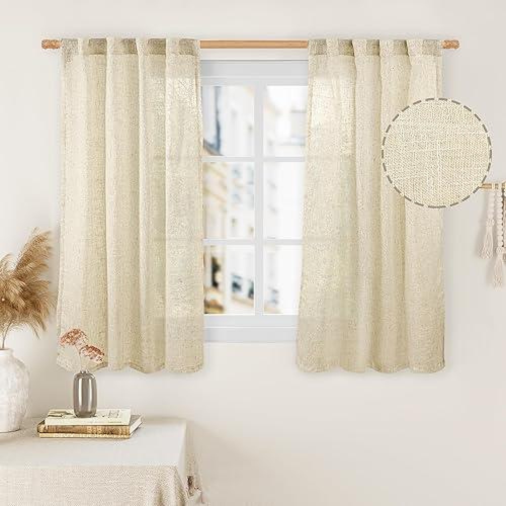 Lamit Short Window Linen Curtains 48 Inch Length 2 Panels Beige Light Filtering Panels Back Tab And Rod Pocket Neutral Drapes F