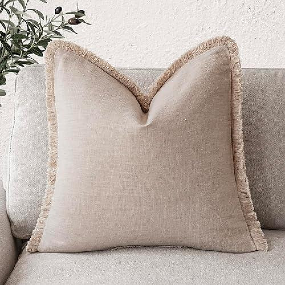 Foindtower Decorative Linen Fringe Throw Pillow Covers Cozy Boho Farmhouse Cushion Cover With Tassels Soft Accent Pillowcase For Chair Sofa Bed Living Room Home Decor  18?18 Inch  1Pc Tan Beige