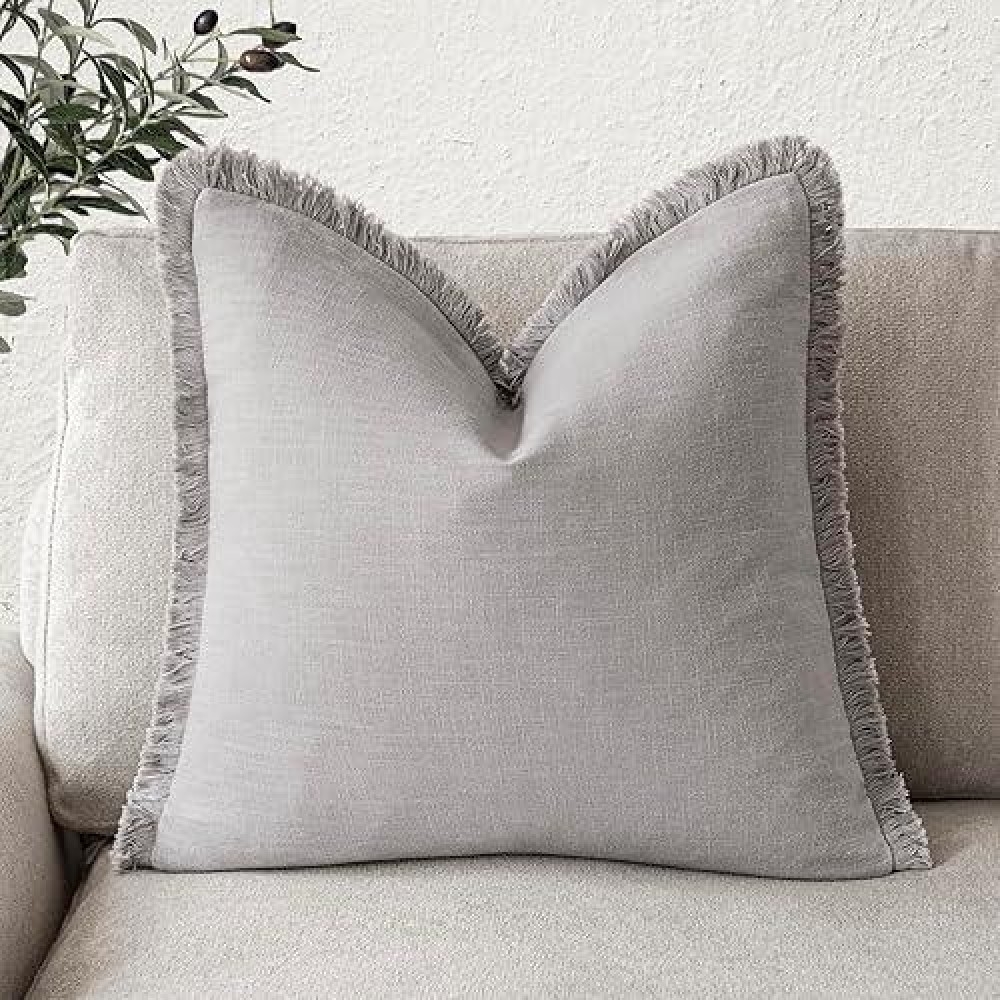 Foindtower Decorative Linen Fringe Throw Pillow Covers Cozy Boho Farmhouse Cushion Cover With Tassels Accent Pillowcase For Chair Sofa Bed Living Room Home Decor  18?18 Inch  1Pc Light Rustic Gray