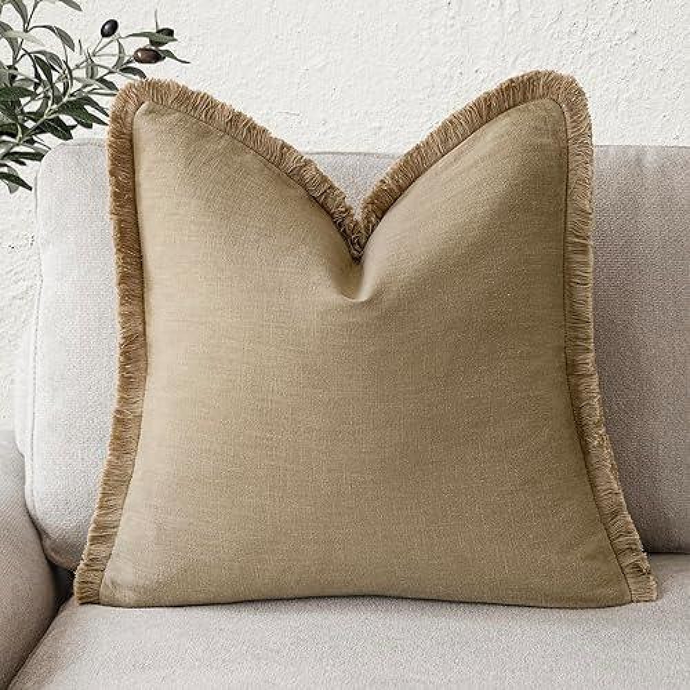 Foindtower Decorative Linen Fringe Throw Pillow Covers Boho Farmhouse Cushion Cover With Tassels Soft Accent Pillowcase For Chair Sofa Bed Living Room Home Decor  16?16 Inch  1Pc Light Khaki Taupe