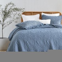 Horimote Home Blue Ruffled Quilt King Size  Stone-Washed Microfiber Lightweight Crinkled Farmhouse Rustic Shabby Chic Bedding Set  3 Pieces Reversible Bedspread With Pillow Shams For All Season