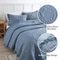 Horimote Home Blue Ruffled Quilt King Size  Stone-Washed Microfiber Lightweight Crinkled Farmhouse Rustic Shabby Chic Bedding Set  3 Pieces Reversible Bedspread With Pillow Shams For All Season