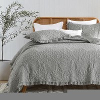 Horimote Home Dark Grey Ruffled Quilt Queen Size  Stone-Washed Microfiber Lightweight Crinkled Farmhouse Rustic Shabby Chic Bedding Set  3 Pieces Reversible Bedspread With Pillow Shams For All Season