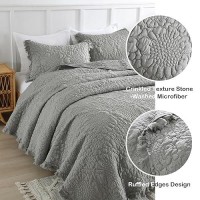 Horimote Home Dark Grey Ruffled Quilt Queen Size  Stone-Washed Microfiber Lightweight Crinkled Farmhouse Rustic Shabby Chic Bedding Set  3 Pieces Reversible Bedspread With Pillow Shams For All Season