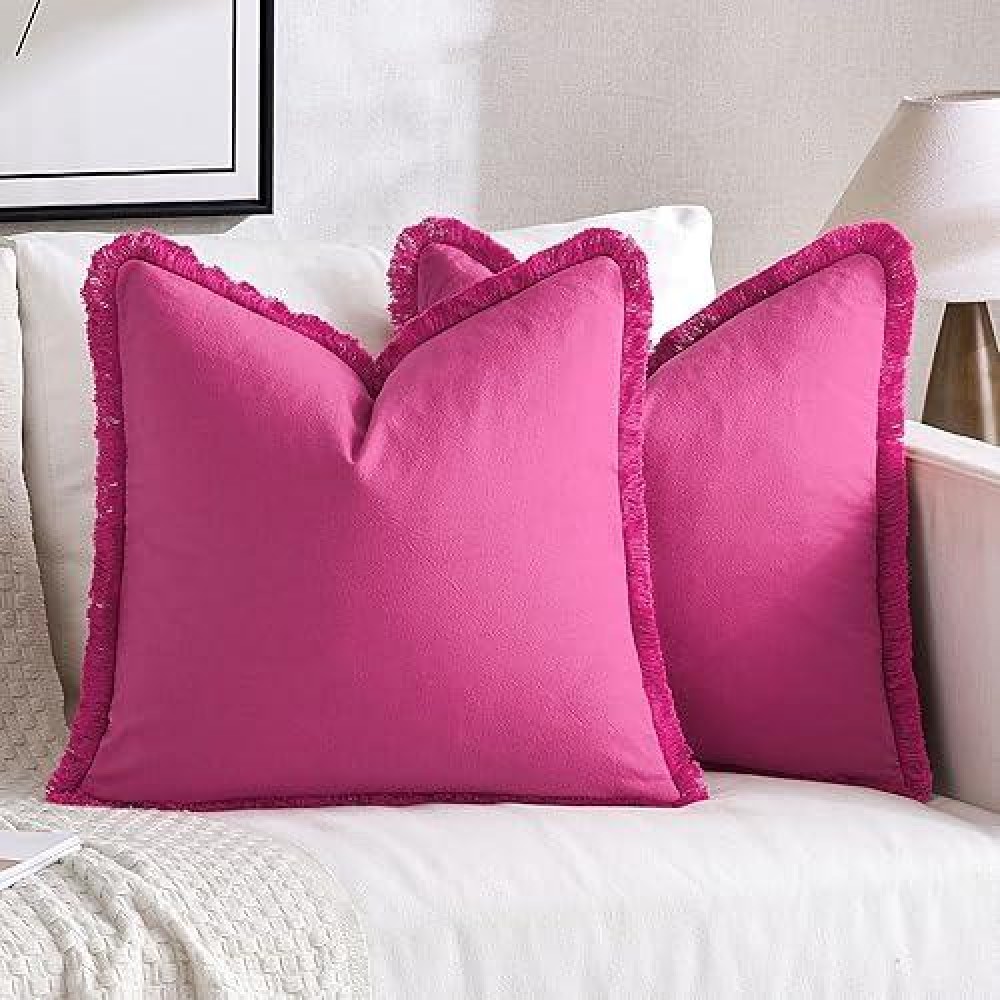 Miulee Hot Pink Pillow Covers 20X20 Inch Set Of 2 Decorative Throw Pillow Covers With Fringe Chic Cotton Pillows Cushion Covers Farmhouse Boho Home Decor For Sofa Couch Bed Living Room