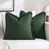 Miulee Christmas Dark Green Pillow Covers 18X18 Inch Set Of 2 Decorative Throw Pillow Covers With Fringe Chic Cotton Pillows Farmhouse Boho Home Decor For Cushion Sofa Couch Bed Living Room