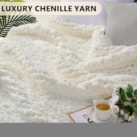 L'Agraty Chunky Knit Blanket Throw: Soft Chenille Yarn Throw Blanket 50X60 - Handmade Thick Cable Crochet Blanket - Large Chunky Rope Throw Blanket For Couch Sofa Bed Home Decor(Cream White)