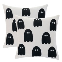 Tosleo Halloween Decor Pillow Covers 18X18 Set Of 2 Black Cute Ghost Throw Pillow Covers Happy Halloween Beige Decoration Embroi