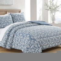 Horimote Home Floral Embroidery Quilt Queen Size  Blue Queen Quilt Bedding Set Soft Lightweight Bedspread 3 Pieces Shabby Chic Farmhouse Full Size Comforter Set For All Seasons