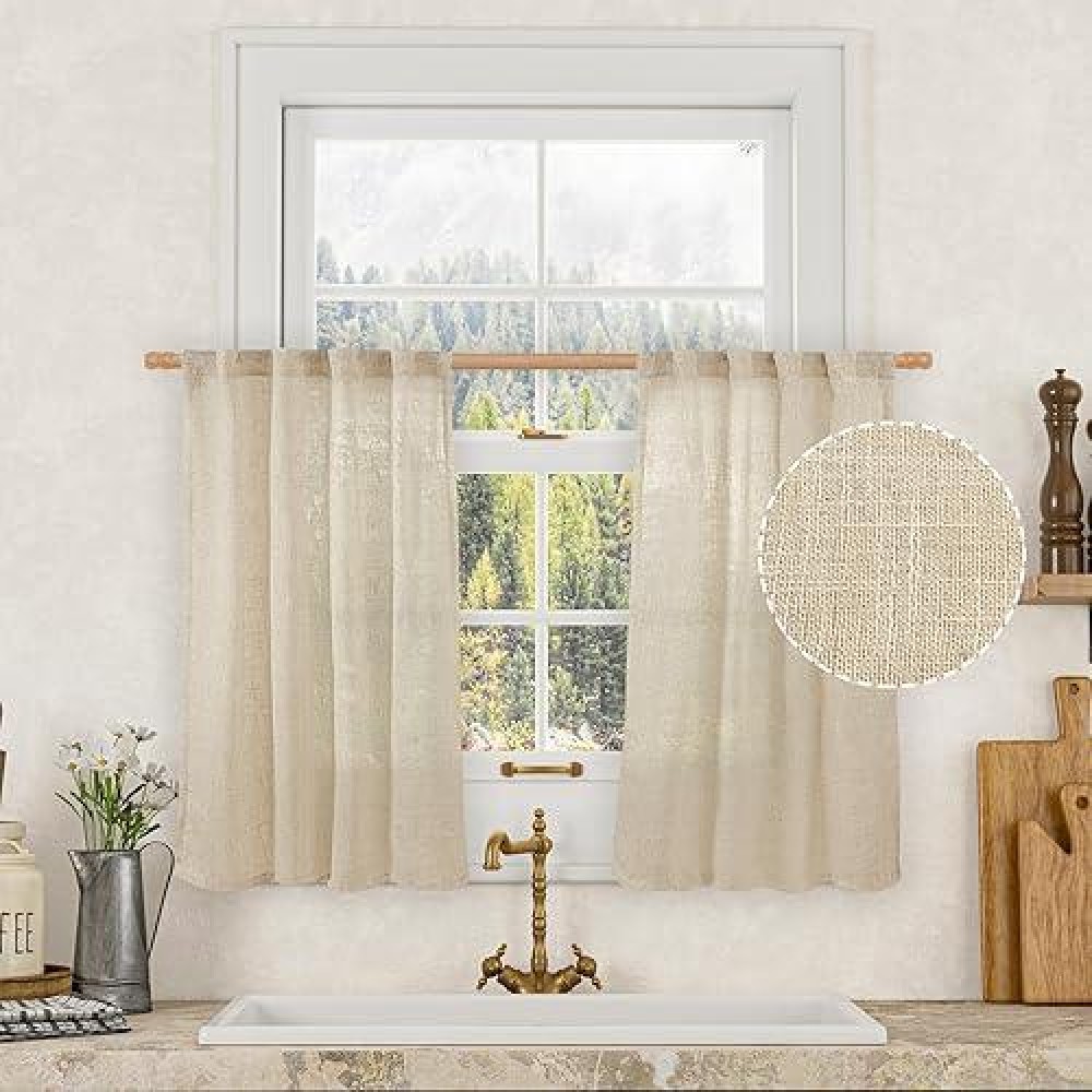 Lamit 30 Inch Cafe Linen Curtains For Kitchen Window Semi Sheer Light Filtering Short Curtains Back Tab And Rod Pocket Neutral