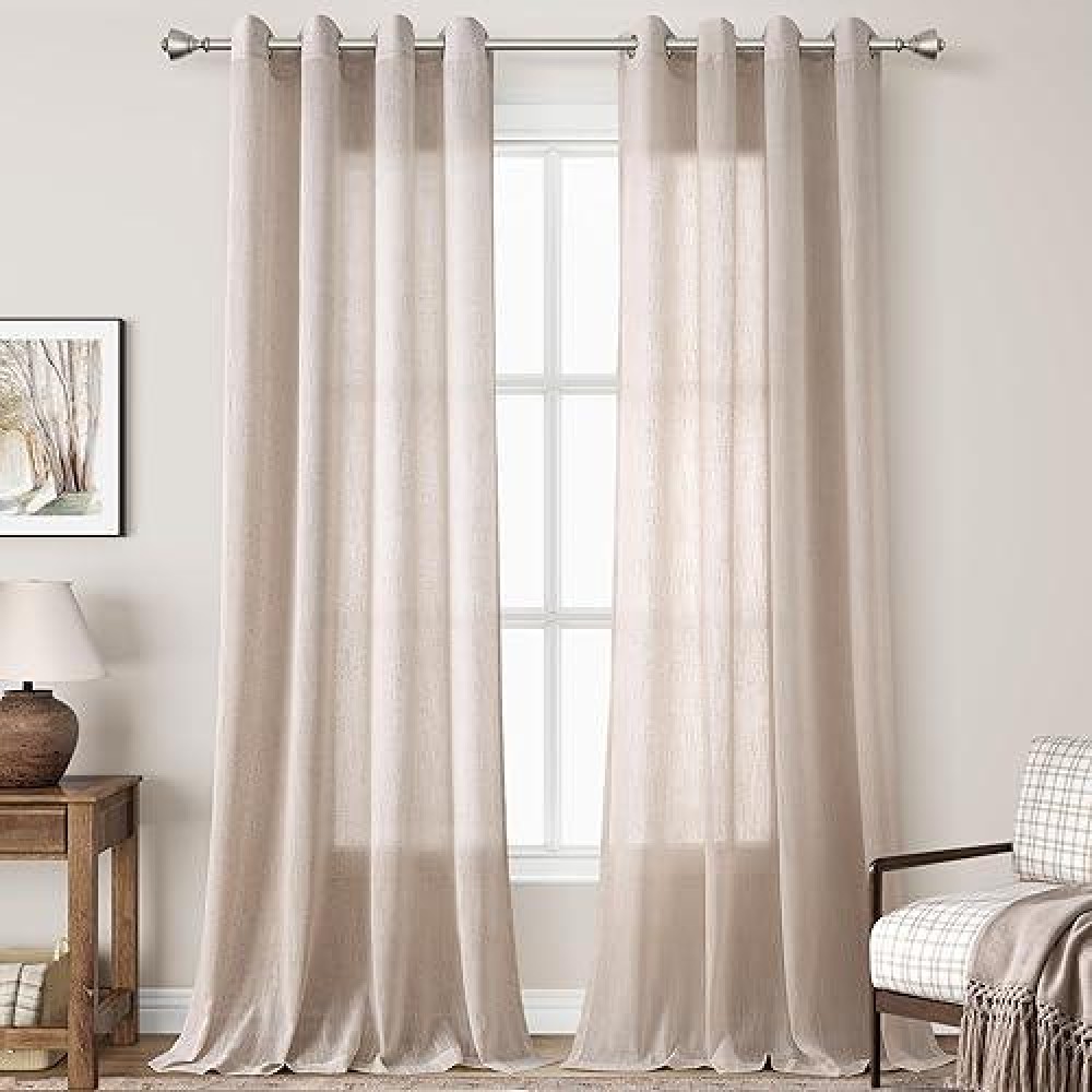 Nanspring Linen Blend Oatmeal Sheer Curtains 120 Inches Long 2 Panels Sets For Living Room Grommet Semi Sheer Light Filterinig B