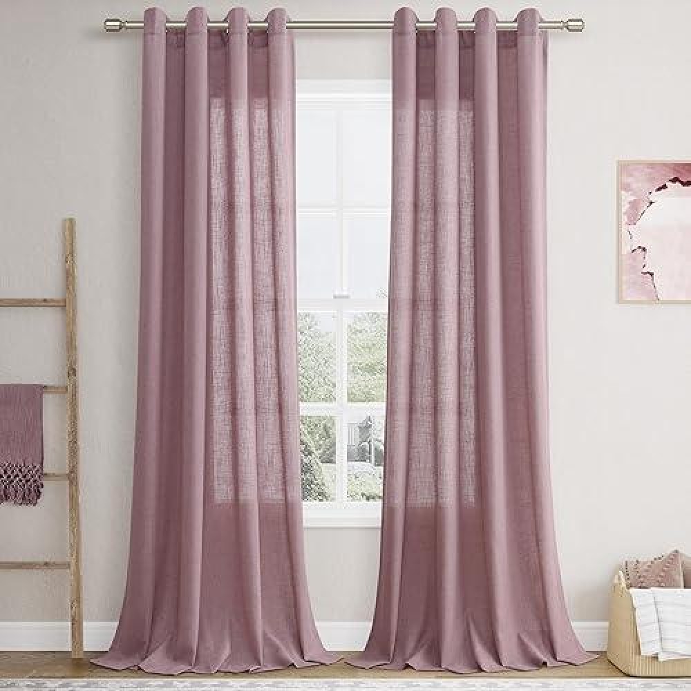 Blush Light Filtering Sheer Curtains 96 Inches Long For Living Room 2 Panels Grommet Drapes Textured Linen Ramie Semitransparent