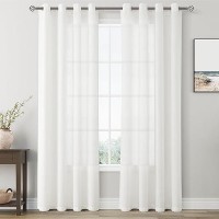 Off White Linen Sheer Curtains 96 Inch Length For Living Room 2 Panels Set Soft Thick Textured Grommet Semi Sheer Light Filterin