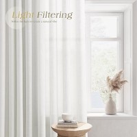 Off White Linen Sheer Curtains 96 Inch Length For Living Room 2 Panels Set Soft Thick Textured Grommet Semi Sheer Light Filterin