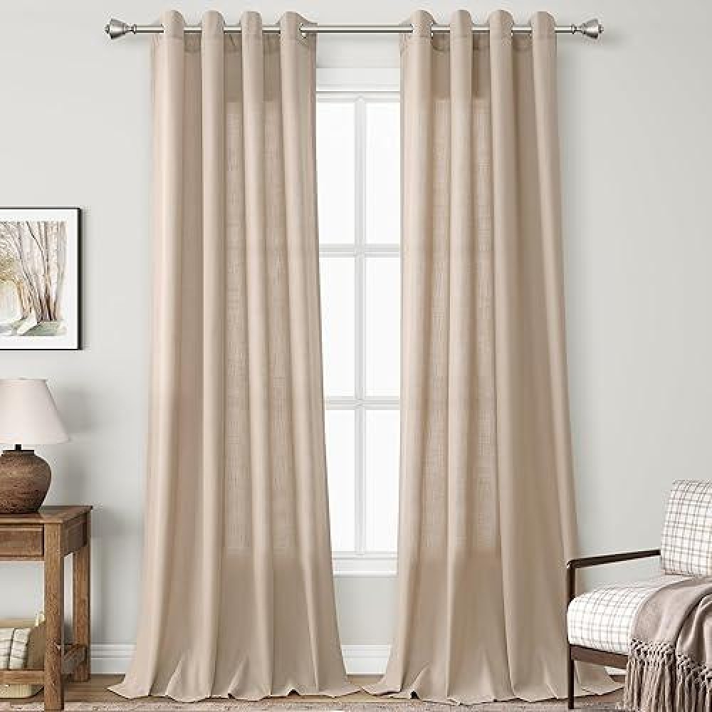 Tan Linen Curtains 90 Inches Long 2 Panel Set Grommet Elegant Semi Sheer Light Filtering Drapes Neutral Boho Linen Blend Privacy