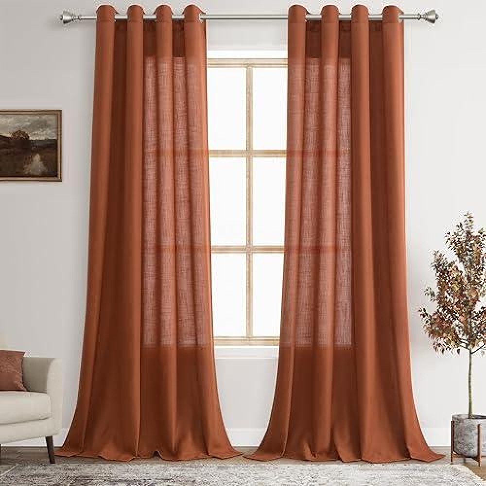 Linen Curtains 96 Inches Long For Living Room Terracotta Grommet Semi Sheer Light Reducing Curtain Drapes 2 Panel Set Airy Light