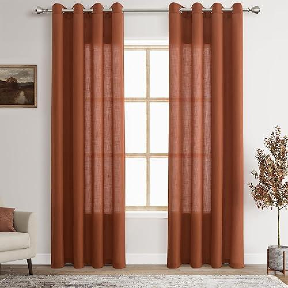 Terracotta Linen Curtains 84 Inch Length 2 Panels For Living Room Grommet Sheer Curtains Light Filtering Curtain Drapes Modern L