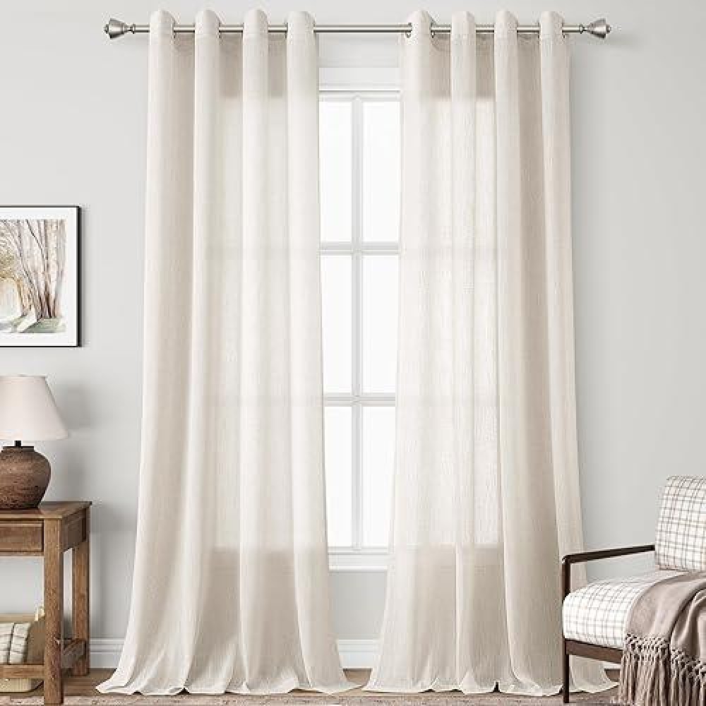 Sand Semi Sheer Drapes 108 Inches Long 2 Panels Set Grommet Natural Linen Blend Light Filtering Curtains Extra Long Privacy Farm