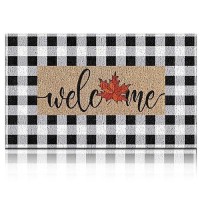 Teenyyou Thanksgiving Fall Door Mat Welcome Doormat Imitation Coir Mats Front Porch Entryway Maple Mats Buffalo Plaid Mat For Fa