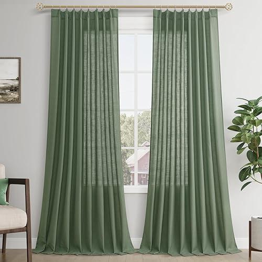 Joywell Linen Pinch Pleated Window Curtains 108 Inch Long Back Tab Clip Rings Semi Sheer Light Filtering Drapes With Hooks For B