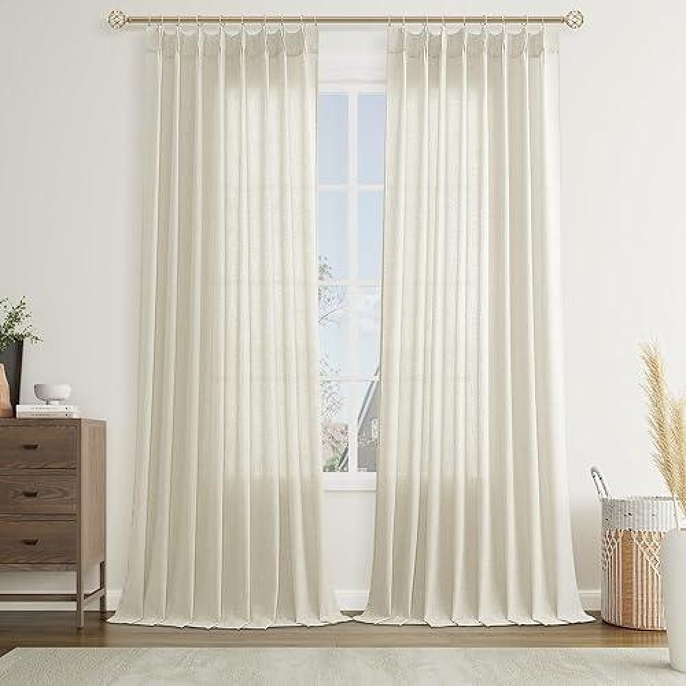 Joywell Linen Pinch Pleated Window Curtains 102 Inch Long Back Tab Clip Rings Semi Sheer Light Filtering Drapes With Hooks For B