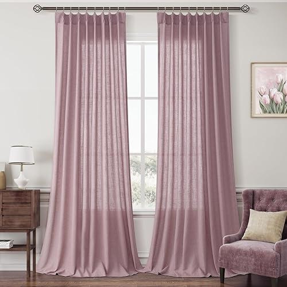 Joywell Linen Pinch Pleated Window Curtains 108 Inch Long Back Tab Clip Rings Semi Sheer Light Filtering Drapes With Hooks For B