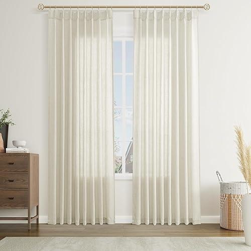 Joywell Linen Pinch Pleated Window Curtains 96 Inch Long Back Tab Clip Rings Semi Sheer Light Filtering Drapes With Hooks For Be