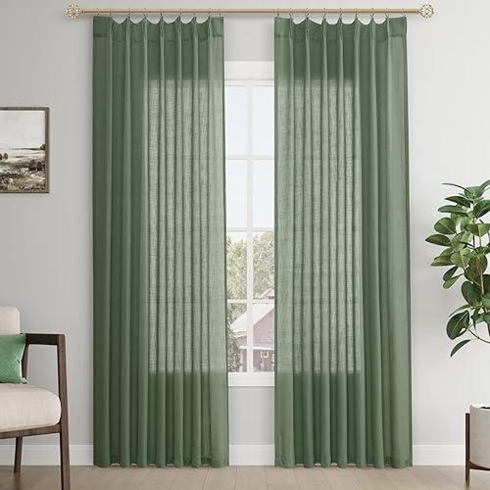 Joywell Linen Pinch Pleated Window Curtains 120 Inch Long Back Tab Clip Rings Semi Sheer Light Filtering Drapes With Hooks For B