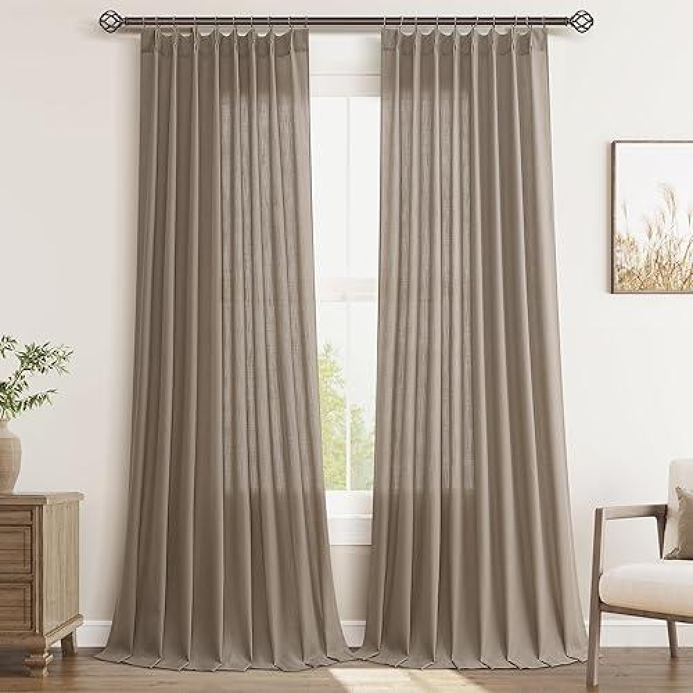 Joywell Linen Pinch Pleated Window Curtains 120 Inch Long Back Tab Clip Rings Semi Sheer Light Filtering Drapes With Hooks For B