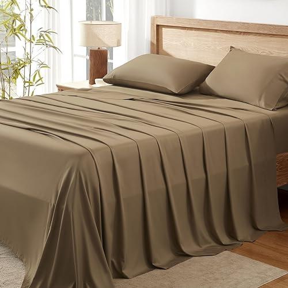 Andency Taupe California King Sheet Sets 100 Viscose Derived From Bamboo Cooling Sheet Set Deep Pocket Up To 16 Silky Sof