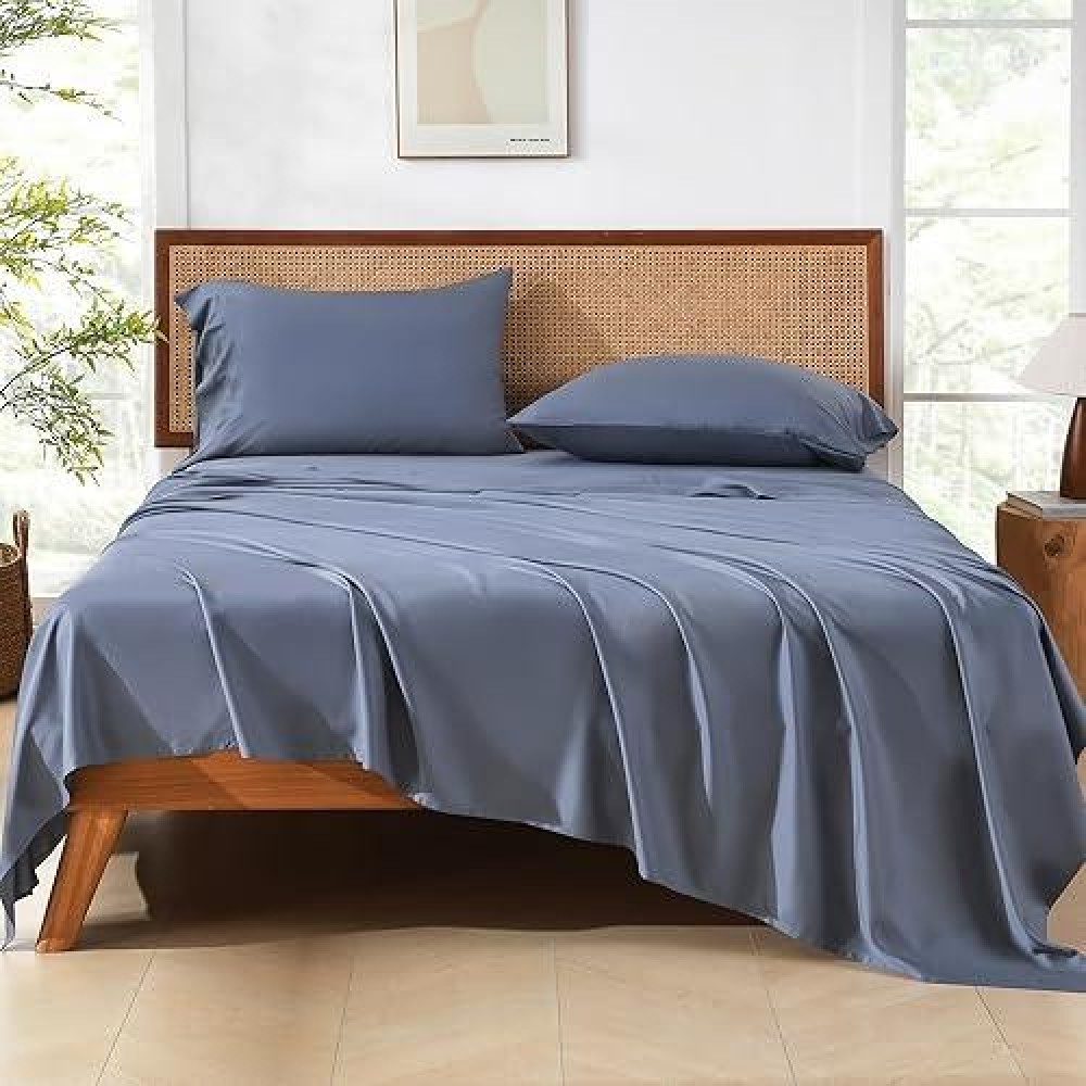 Andency Dark Blue Grey King Size Sheets Set 100 Viscose Derived From Bamboo Cooling King Sheets Deep Pocket Up To 16 Silk