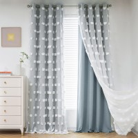 Mysky Home Room Darkening Curtains White Sheer Pom Pom Curtains For Living Room Dusty Blue Blackout Curtains For Sliding Door De