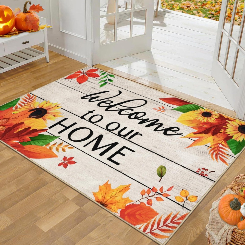 Pauwer Fall Door Mat Indoor Entrance 32X48 Soft Welcome Mats For Front Door Ultra Thin Pumpkin Doormat Washable Entryway Rug