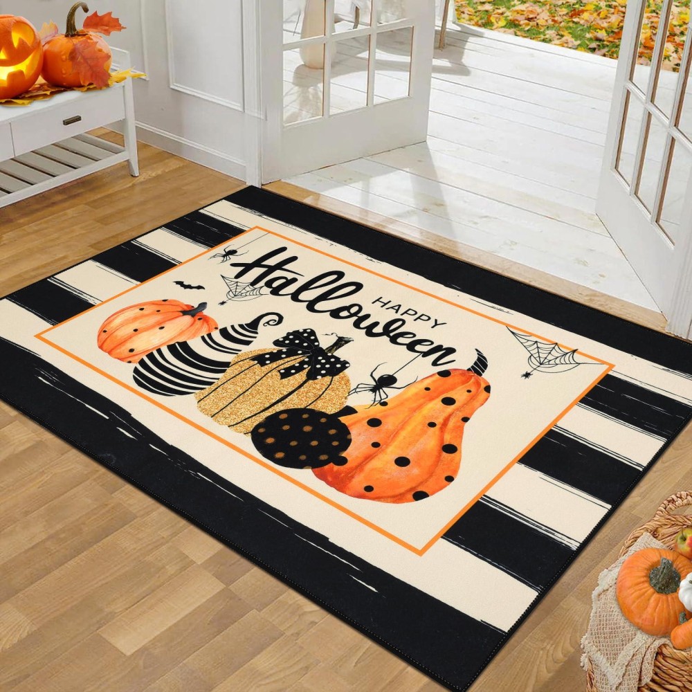 Pauwer Halloween Door Mat Indoor Entrance 32X48 Soft Welcome Mats For Front Door Ultra Thin Pumpkin Doormat Washable Entrywa