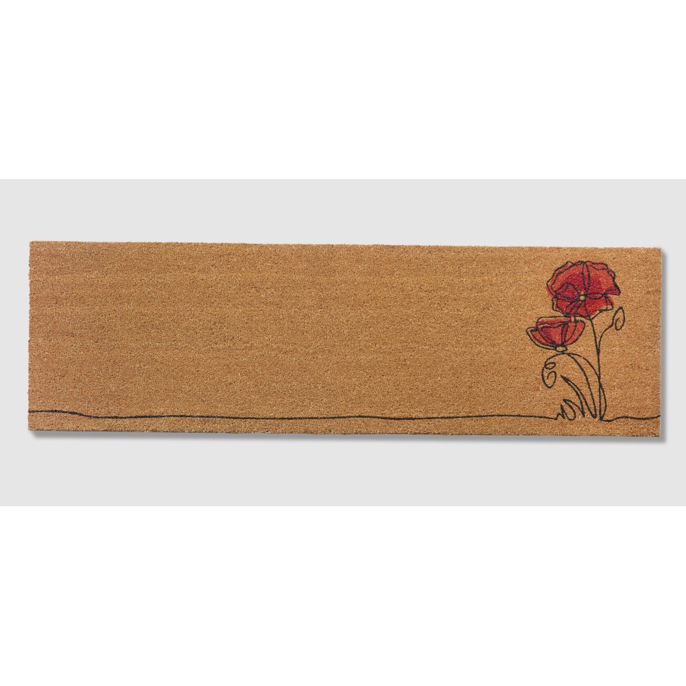 Fab Habitat Floral Non Slip Doormat Thin Natural Coir Rubber Entryway Double Door Porch Patio Red Flower 18 X 60