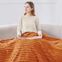 Bedelite Fall Throw Blanket For Couch - 300Gsm Soft & Warm Fluffy Fleece Blanket  Decorative And Giftable Burnt Orange Striped Blankets For Women  Men  50