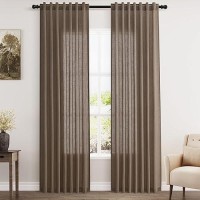 Nanspring Light Brown Back Tab Linen Curtains For Living Room 2 Panels Set Semi Sheer Curtains For Dining Room 52X84